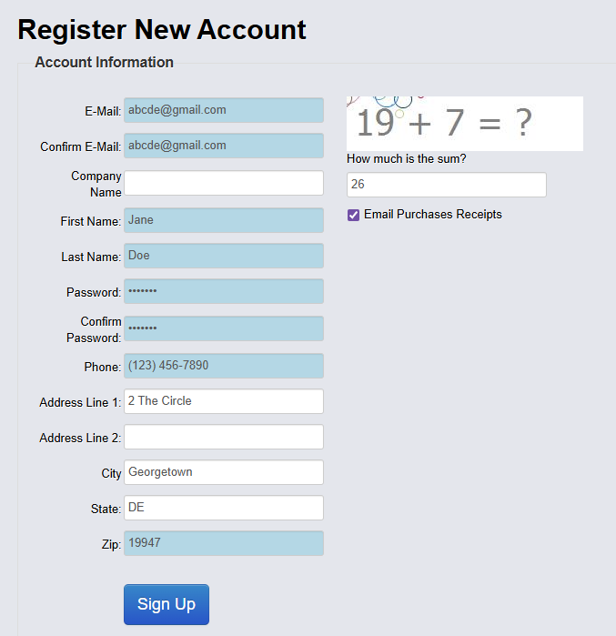 Image of account creation screen