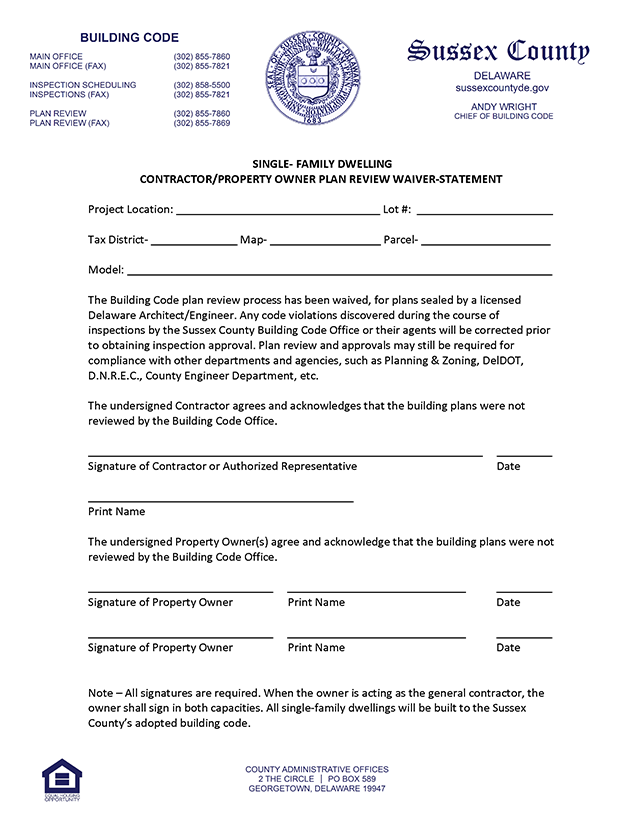 Image of contractor or property owner plan review waiver statement